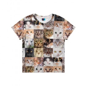 Детская футболка 3D с принтом Кошачий коллаж в Екатеринбурге, 100% гипоаллергенный полиэфир | прямой крой, круглый вырез горловины, длина до линии бедер, чуть спущенное плечо, ткань немного тянется | breed | cat | cats | collage | eyes | fluffy | funny | kitten | look | meow | mustache | muzzle | photo | squares | взгляд | глаза | квадраты | коллаж | кот | котёнок | котики | кошка | мяу | порода | прикольный | пушистый | усы | фото