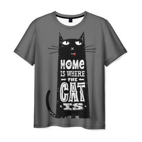 Мужская футболка 3D с принтом Дом там, где твой кот в Екатеринбурге, 100% полиэфир | прямой крой, круглый вырез горловины, длина до линии бедер | Тематика изображения на принте: black | cat | cool | gray | kitten | motto | muzzle | slogan | text | white | белый | девиз | кот | котёнок | котик | кошачья | лозунг | прикольный | серый | текст | черный