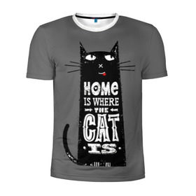 Мужская футболка 3D спортивная с принтом Дом там, где твой кот в Екатеринбурге, 100% полиэстер с улучшенными характеристиками | приталенный силуэт, круглая горловина, широкие плечи, сужается к линии бедра | Тематика изображения на принте: black | cat | cool | gray | kitten | motto | muzzle | slogan | text | white | белый | девиз | кот | котёнок | котик | кошачья | лозунг | прикольный | серый | текст | черный