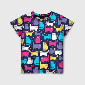 Детская футболка 3D с принтом Разноцветные котики в Екатеринбурге, 100% гипоаллергенный полиэфир | прямой крой, круглый вырез горловины, длина до линии бедер, чуть спущенное плечо, ткань немного тянется | Тематика изображения на принте: blue | cat | colorful | cool | dots | kitten | paws | pink | tail | torso | white | yellow | белый | желтый | кот | котёнок | котик | котэ | кошка | лапы | прикольный | разноцветный | розовый | синий | точки | туловище | хвост