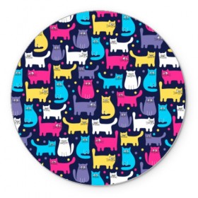 Коврик для мышки круглый с принтом Разноцветные котики в Екатеринбурге, резина и полиэстер | круглая форма, изображение наносится на всю лицевую часть | blue | cat | colorful | cool | dots | kitten | paws | pink | tail | torso | white | yellow | белый | желтый | кот | котёнок | котик | котэ | кошка | лапы | прикольный | разноцветный | розовый | синий | точки | туловище | хвост