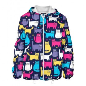 Мужская куртка 3D с принтом Разноцветные котики в Екатеринбурге, ткань верха — 100% полиэстер, подклад — флис | прямой крой, подол и капюшон оформлены резинкой с фиксаторами, два кармана без застежек по бокам, один большой потайной карман на груди. Карман на груди застегивается на липучку | blue | cat | colorful | cool | dots | kitten | paws | pink | tail | torso | white | yellow | белый | желтый | кот | котёнок | котик | котэ | кошка | лапы | прикольный | разноцветный | розовый | синий | точки | туловище | хвост