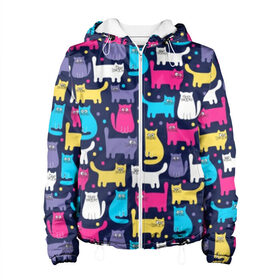 Женская куртка 3D с принтом Разноцветные котики в Екатеринбурге, ткань верха — 100% полиэстер, подклад — флис | прямой крой, подол и капюшон оформлены резинкой с фиксаторами, два кармана без застежек по бокам, один большой потайной карман на груди. Карман на груди застегивается на липучку | blue | cat | colorful | cool | dots | kitten | paws | pink | tail | torso | white | yellow | белый | желтый | кот | котёнок | котик | котэ | кошка | лапы | прикольный | разноцветный | розовый | синий | точки | туловище | хвост