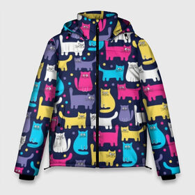 Мужская зимняя куртка 3D с принтом Разноцветные котики в Екатеринбурге, верх — 100% полиэстер; подкладка — 100% полиэстер; утеплитель — 100% полиэстер | длина ниже бедра, свободный силуэт Оверсайз. Есть воротник-стойка, отстегивающийся капюшон и ветрозащитная планка. 

Боковые карманы с листочкой на кнопках и внутренний карман на молнии. | Тематика изображения на принте: blue | cat | colorful | cool | dots | kitten | paws | pink | tail | torso | white | yellow | белый | желтый | кот | котёнок | котик | котэ | кошка | лапы | прикольный | разноцветный | розовый | синий | точки | туловище | хвост