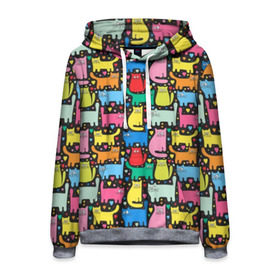 Мужская толстовка 3D с принтом Разноцветные котики в Екатеринбурге, 100% полиэстер | двухслойный капюшон со шнурком для регулировки, мягкие манжеты на рукавах и по низу толстовки, спереди карман-кенгуру с мягким внутренним слоем. | Тематика изображения на принте: blue | cat | cool | green | heart | kitten | multi colored | paws | pink | points | red | tail | torso | white | yellow | белый | желтый | зеленый | кот | котёнок | котик | котэ | кошка | красный | лапы | прикольный | разноцветный | розовый | се