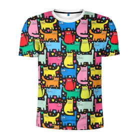 Мужская футболка 3D спортивная с принтом Разноцветные котики в Екатеринбурге, 100% полиэстер с улучшенными характеристиками | приталенный силуэт, круглая горловина, широкие плечи, сужается к линии бедра | Тематика изображения на принте: blue | cat | cool | green | heart | kitten | multi colored | paws | pink | points | red | tail | torso | white | yellow | белый | желтый | зеленый | кот | котёнок | котик | котэ | кошка | красный | лапы | прикольный | разноцветный | розовый | се