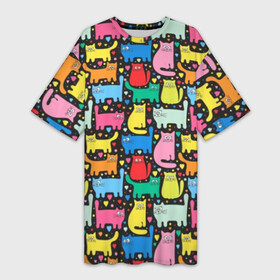 Платье-футболка 3D с принтом Разноцветные котики в Екатеринбурге,  |  | blue | cat | cool | green | heart | kitten | multi colored | paws | pink | points | red | tail | torso | white | yellow | белый | желтый | зеленый | кот | котёнок | котик | котэ | кошка | красный | лапы | прикольный | разноцветный | розовый | се