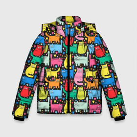 Зимняя куртка для мальчиков 3D с принтом Разноцветные котики в Екатеринбурге, ткань верха — 100% полиэстер; подклад — 100% полиэстер, утеплитель — 100% полиэстер | длина ниже бедра, удлиненная спинка, воротник стойка и отстегивающийся капюшон. Есть боковые карманы с листочкой на кнопках, утяжки по низу изделия и внутренний карман на молнии. 

Предусмотрены светоотражающий принт на спинке, радужный светоотражающий элемент на пуллере молнии и на резинке для утяжки | Тематика изображения на принте: blue | cat | cool | green | heart | kitten | multi colored | paws | pink | points | red | tail | torso | white | yellow | белый | желтый | зеленый | кот | котёнок | котик | котэ | кошка | красный | лапы | прикольный | разноцветный | розовый | се