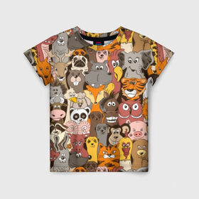 Детская футболка 3D с принтом Прикольные зверушки в Екатеринбурге, 100% гипоаллергенный полиэфир | прямой крой, круглый вырез горловины, длина до линии бедер, чуть спущенное плечо, ткань немного тянется | bear | cat | dinosaur | dog | elephant | giraffe | monkey | owl | panda | penguin | pig | tiger | баран | бегемот | белка | динозавр | животное | жираф | заяц | звери | зверушки | кот | лев | лиса | лошадь | медведь | олень | осел | панда | петух