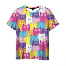 Мужская футболка 3D с принтом Разноцветные котики в Екатеринбурге, 100% полиэфир | прямой крой, круглый вырез горловины, длина до линии бедер | blue | cat | colorful | cool | cute | funny | kitten | orange | paws | pink | purple | smile | tail | torso | white | yellow | белый | желтый | забавный | кот | котёнок | котик | котэ | кошка | лапы | милый | оранжевый | прикольный | разноцветны