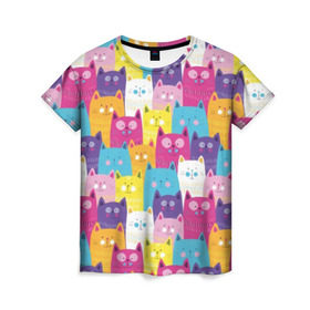 Женская футболка 3D с принтом Разноцветные котики в Екатеринбурге, 100% полиэфир ( синтетическое хлопкоподобное полотно) | прямой крой, круглый вырез горловины, длина до линии бедер | blue | cat | colorful | cool | cute | funny | kitten | orange | paws | pink | purple | smile | tail | torso | white | yellow | белый | желтый | забавный | кот | котёнок | котик | котэ | кошка | лапы | милый | оранжевый | прикольный | разноцветны