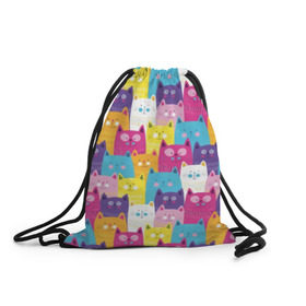 Рюкзак-мешок 3D с принтом Разноцветные котики в Екатеринбурге, 100% полиэстер | плотность ткани — 200 г/м2, размер — 35 х 45 см; лямки — толстые шнурки, застежка на шнуровке, без карманов и подкладки | blue | cat | colorful | cool | cute | funny | kitten | orange | paws | pink | purple | smile | tail | torso | white | yellow | белый | желтый | забавный | кот | котёнок | котик | котэ | кошка | лапы | милый | оранжевый | прикольный | разноцветны