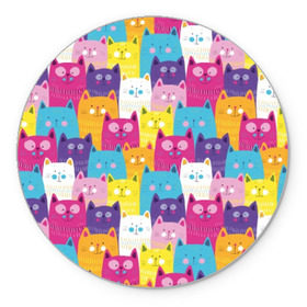 Коврик для мышки круглый с принтом Разноцветные котики в Екатеринбурге, резина и полиэстер | круглая форма, изображение наносится на всю лицевую часть | Тематика изображения на принте: blue | cat | colorful | cool | cute | funny | kitten | orange | paws | pink | purple | smile | tail | torso | white | yellow | белый | желтый | забавный | кот | котёнок | котик | котэ | кошка | лапы | милый | оранжевый | прикольный | разноцветны