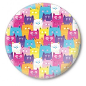 Значок с принтом Разноцветные котики в Екатеринбурге,  металл | круглая форма, металлическая застежка в виде булавки | blue | cat | colorful | cool | cute | funny | kitten | orange | paws | pink | purple | smile | tail | torso | white | yellow | белый | желтый | забавный | кот | котёнок | котик | котэ | кошка | лапы | милый | оранжевый | прикольный | разноцветны