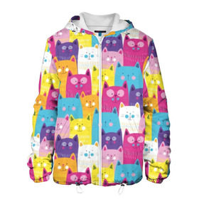 Мужская куртка 3D с принтом Разноцветные котики в Екатеринбурге, ткань верха — 100% полиэстер, подклад — флис | прямой крой, подол и капюшон оформлены резинкой с фиксаторами, два кармана без застежек по бокам, один большой потайной карман на груди. Карман на груди застегивается на липучку | blue | cat | colorful | cool | cute | funny | kitten | orange | paws | pink | purple | smile | tail | torso | white | yellow | белый | желтый | забавный | кот | котёнок | котик | котэ | кошка | лапы | милый | оранжевый | прикольный | разноцветны
