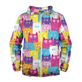 Мужская ветровка 3D с принтом Разноцветные котики в Екатеринбурге, 100% полиэстер | подол и капюшон оформлены резинкой с фиксаторами, два кармана без застежек по бокам, один потайной карман на груди | Тематика изображения на принте: blue | cat | colorful | cool | cute | funny | kitten | orange | paws | pink | purple | smile | tail | torso | white | yellow | белый | желтый | забавный | кот | котёнок | котик | котэ | кошка | лапы | милый | оранжевый | прикольный | разноцветны