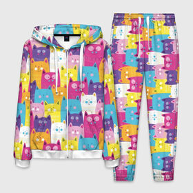 Мужской костюм 3D с принтом Разноцветные котики в Екатеринбурге, 100% полиэстер | Манжеты и пояс оформлены тканевой резинкой, двухслойный капюшон со шнурком для регулировки, карманы спереди | blue | cat | colorful | cool | cute | funny | kitten | orange | paws | pink | purple | smile | tail | torso | white | yellow | белый | желтый | забавный | кот | котёнок | котик | котэ | кошка | лапы | милый | оранжевый | прикольный | разноцветны