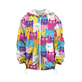 Детская куртка 3D с принтом Разноцветные котики в Екатеринбурге, 100% полиэстер | застежка — молния, подол и капюшон оформлены резинкой с фиксаторами, по бокам — два кармана без застежек, один потайной карман на груди, плотность верхнего слоя — 90 г/м2; плотность флисового подклада — 260 г/м2 | blue | cat | colorful | cool | cute | funny | kitten | orange | paws | pink | purple | smile | tail | torso | white | yellow | белый | желтый | забавный | кот | котёнок | котик | котэ | кошка | лапы | милый | оранжевый | прикольный | разноцветны