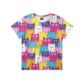 Детская футболка 3D с принтом Разноцветные котики в Екатеринбурге, 100% гипоаллергенный полиэфир | прямой крой, круглый вырез горловины, длина до линии бедер, чуть спущенное плечо, ткань немного тянется | blue | cat | colorful | cool | cute | funny | kitten | orange | paws | pink | purple | smile | tail | torso | white | yellow | белый | желтый | забавный | кот | котёнок | котик | котэ | кошка | лапы | милый | оранжевый | прикольный | разноцветны