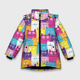 Зимняя куртка для девочек 3D с принтом Разноцветные котики в Екатеринбурге, ткань верха — 100% полиэстер; подклад — 100% полиэстер, утеплитель — 100% полиэстер. | длина ниже бедра, удлиненная спинка, воротник стойка и отстегивающийся капюшон. Есть боковые карманы с листочкой на кнопках, утяжки по низу изделия и внутренний карман на молнии. 

Предусмотрены светоотражающий принт на спинке, радужный светоотражающий элемент на пуллере молнии и на резинке для утяжки. | Тематика изображения на принте: blue | cat | colorful | cool | cute | funny | kitten | orange | paws | pink | purple | smile | tail | torso | white | yellow | белый | желтый | забавный | кот | котёнок | котик | котэ | кошка | лапы | милый | оранжевый | прикольный | разноцветны