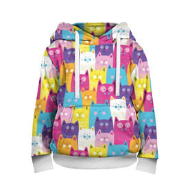 Детская толстовка 3D с принтом Разноцветные котики в Екатеринбурге, 100% полиэстер | двухслойный капюшон со шнурком для регулировки, мягкие манжеты на рукавах и по низу толстовки, спереди карман-кенгуру с мягким внутренним слоем | Тематика изображения на принте: blue | cat | colorful | cool | cute | funny | kitten | orange | paws | pink | purple | smile | tail | torso | white | yellow | белый | желтый | забавный | кот | котёнок | котик | котэ | кошка | лапы | милый | оранжевый | прикольный | разноцветны