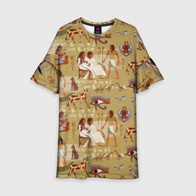 Детское платье 3D с принтом Египетские Боги в Екатеринбурге, 100% полиэстер | прямой силуэт, чуть расширенный к низу. Круглая горловина, на рукавах — воланы | Тематика изображения на принте: beetle | boat | cat | cow | egypt | eye | falcon | gods | hieroglyph | osiris | papyrus | pharaoh | ra | river | scarab | styx | боги | глаз | египет | жук | иероглиф | корова | кот | лодка | око | осирис | папирус | ра | река | скарабей | сокол | стикс |