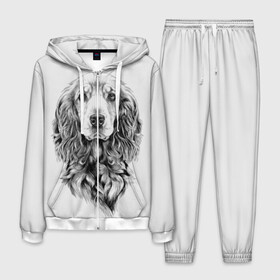 Мужской костюм 3D с принтом Кокер спаниель в Екатеринбурге, 100% полиэстер | Манжеты и пояс оформлены тканевой резинкой, двухслойный капюшон со шнурком для регулировки, карманы спереди | Тематика изображения на принте: animal | black | breed | cocker spaniel | cool | dog | eyes | interesting | look | muzzle | white | wool | белый | взгляд | глаза | животное | интересный | кокер спаниель | пёс | порода | прикольный | псина | собака | собакен | черный | шерсть