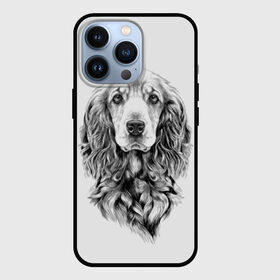 Чехол для iPhone 13 Pro с принтом Кокер спаниель в Екатеринбурге,  |  | Тематика изображения на принте: animal | black | breed | cocker spaniel | cool | dog | eyes | interesting | look | muzzle | white | wool | белый | взгляд | глаза | животное | интересный | кокер спаниель | пёс | порода | прикольный | псина | собака | собакен | черный | шерсть