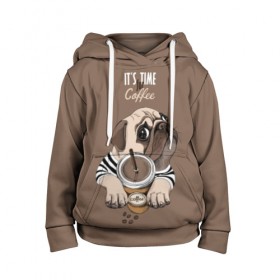 Детская толстовка 3D с принтом It`s time for coffee в Екатеринбурге, 100% полиэстер | двухслойный капюшон со шнурком для регулировки, мягкие манжеты на рукавах и по низу толстовки, спереди карман-кенгуру с мягким внутренним слоем | Тематика изображения на принте: attractive face | breed | chocolate | coffee | cream | cute | dog | glance | motto | paws | pug | slogan | text | взгляд | девиз | кофе | кремовый | лапы | милый | мопс | пёс | порода | слоган | собака | текст | шоколадный