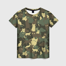 Женская футболка 3D с принтом Кошачий камуфляж в Екатеринбурге, 100% полиэфир ( синтетическое хлопкоподобное полотно) | прямой крой, круглый вырез горловины, длина до линии бедер | animal | camouflage | cat | funny | green | khaki | marsh | silhouette | болотный | животное | забавный | зеленый | камуфляж | кот | котик | силуэт | хаки