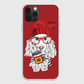 Чехол для iPhone 12 Pro Max с принтом Happy coffee day в Екатеринбурге, Силикон |  | animal | breed | coffee | coffee lover | dog | hat | red | slogan | spaniel | text | white | белый | животное | кофе | кофеман | красный | очки | порода | слоган | собака | спаниель | текст | шапка