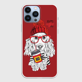 Чехол для iPhone 13 Pro Max с принтом Happy coffee day в Екатеринбурге,  |  | animal | breed | coffee | coffee lover | dog | hat | red | slogan | spaniel | text | white | белый | животное | кофе | кофеман | красный | очки | порода | слоган | собака | спаниель | текст | шапка