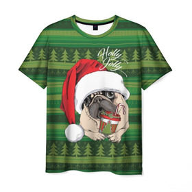 Мужская футболка 3D с принтом Holly Jolly в Екатеринбурге, 100% полиэфир | прямой крой, круглый вырез горловины, длина до линии бедер | animal | breed | christmas | cozy | dog | family | green | holiday | home | new year | pug | red | tree | white | winter | белый | домашний | ёлки | животное | зеленый | зима | красный | мопс | новый год | порода | праздник | рождество | семейный | собака