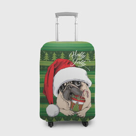 Чехол для чемодана 3D с принтом Holly Jolly в Екатеринбурге, 86% полиэфир, 14% спандекс | двустороннее нанесение принта, прорези для ручек и колес | animal | breed | christmas | cozy | dog | family | green | holiday | home | new year | pug | red | tree | white | winter | белый | домашний | ёлки | животное | зеленый | зима | красный | мопс | новый год | порода | праздник | рождество | семейный | собака