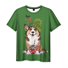 Мужская футболка 3D с принтом Love is sweet в Екатеринбурге, 100% полиэфир | прямой крой, круглый вырез горловины, длина до линии бедер | animal | breed | brown | corgi | cute | dog | funny | green | hat | heart | slogan | text | white | белый | животное | забавный | зеленый | корги | коричневый | милый | пёс | порода | сердце | слоган | собака | текст | шапка