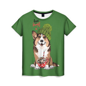 Женская футболка 3D с принтом Love is sweet в Екатеринбурге, 100% полиэфир ( синтетическое хлопкоподобное полотно) | прямой крой, круглый вырез горловины, длина до линии бедер | animal | breed | brown | corgi | cute | dog | funny | green | hat | heart | slogan | text | white | белый | животное | забавный | зеленый | корги | коричневый | милый | пёс | порода | сердце | слоган | собака | текст | шапка