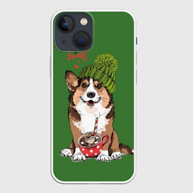 Чехол для iPhone 13 mini с принтом Love is sweet в Екатеринбурге,  |  | animal | breed | brown | corgi | cute | dog | funny | green | hat | heart | slogan | text | white | белый | животное | забавный | зеленый | корги | коричневый | милый | пёс | порода | сердце | слоган | собака | текст | шапка