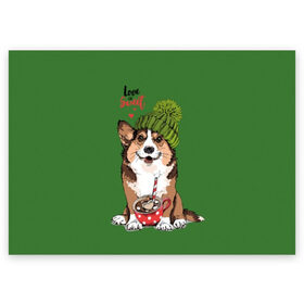 Поздравительная открытка с принтом Love is sweet в Екатеринбурге, 100% бумага | плотность бумаги 280 г/м2, матовая, на обратной стороне линовка и место для марки
 | animal | breed | brown | corgi | cute | dog | funny | green | hat | heart | slogan | text | white | белый | животное | забавный | зеленый | корги | коричневый | милый | пёс | порода | сердце | слоган | собака | текст | шапка