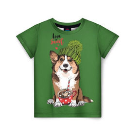 Детская футболка 3D с принтом Love is sweet в Екатеринбурге, 100% гипоаллергенный полиэфир | прямой крой, круглый вырез горловины, длина до линии бедер, чуть спущенное плечо, ткань немного тянется | Тематика изображения на принте: animal | breed | brown | corgi | cute | dog | funny | green | hat | heart | slogan | text | white | белый | животное | забавный | зеленый | корги | коричневый | милый | пёс | порода | сердце | слоган | собака | текст | шапка