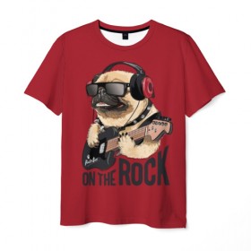 Мужская футболка 3D с принтом On the rock в Екатеринбурге, 100% полиэфир | прямой крой, круглый вырез горловины, длина до линии бедер | animal | black | breed | cool | dog | guitar | headphones | motto | music | pug | red | rock | rock star | slogan | text | гитара | девиз | животное | красный | крутой | мопс | музыка | наушники | очки | порода | рок | рок звезда | слоган | соба