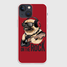 Чехол для iPhone 13 mini с принтом On the rock в Екатеринбурге,  |  | animal | black | breed | cool | dog | guitar | headphones | motto | music | pug | red | rock | rock star | slogan | text | гитара | девиз | животное | красный | крутой | мопс | музыка | наушники | очки | порода | рок | рок звезда | слоган | соба