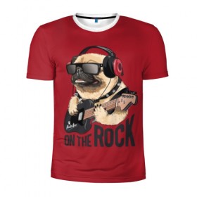 Мужская футболка 3D спортивная с принтом On the rock в Екатеринбурге, 100% полиэстер с улучшенными характеристиками | приталенный силуэт, круглая горловина, широкие плечи, сужается к линии бедра | Тематика изображения на принте: animal | black | breed | cool | dog | guitar | headphones | motto | music | pug | red | rock | rock star | slogan | text | гитара | девиз | животное | красный | крутой | мопс | музыка | наушники | очки | порода | рок | рок звезда | слоган | соба