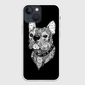 Чехол для iPhone 13 mini с принтом Бульдог в Екатеринбурге,  |  | animal | black | bone | breed | bulldog | collar | dog | drawing | ethnic | eyes | look | muzzle | pattern | white | zendudl | белый | бульдог | взгляд | глаза | животное | зендудл | кость | ошейник | пёс | порода | рисунок | собака | узор | черны