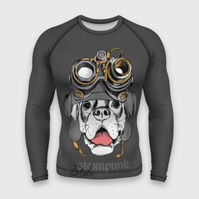 Мужской рашгард 3D с принтом Steampunk Style в Екатеринбурге,  |  | animal | boxer | breed | dog | gray | headset | muzzle | steampunk | style | tank | white | yellow | белый | боксёр | желтый | животное | очки | порода | серый | собака | стиль | стимпанк | танковый | шлемофон