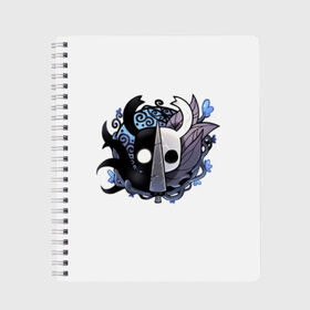 Тетрадь с принтом Hollow Knight в Екатеринбурге, 100% бумага | 48 листов, плотность листов — 60 г/м2, плотность картонной обложки — 250 г/м2. Листы скреплены сбоку удобной пружинной спиралью. Уголки страниц и обложки скругленные. Цвет линий — светло-серый
 | hollow knight | детская | для детей | игра | компьютерная игра | королевство | рыцарь | темный рыцарь | холлов кнайт | экшен