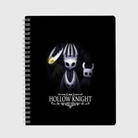 Тетрадь с принтом Hollow Knight в Екатеринбурге, 100% бумага | 48 листов, плотность листов — 60 г/м2, плотность картонной обложки — 250 г/м2. Листы скреплены сбоку удобной пружинной спиралью. Уголки страниц и обложки скругленные. Цвет линий — светло-серый
 | hollow knight | детская | для детей | игра | компьютерная игра | королевство | рыцарь | темный рыцарь | холлов кнайт | экшен