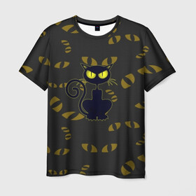 Мужская футболка 3D с принтом Смотрящий  кот в Екатеринбурге, 100% полиэфир | прямой крой, круглый вырез горловины, длина до линии бедер | Тематика изображения на принте: 3d | абстракция | анимация | глаза | желтые | смотрящий  кот | черный