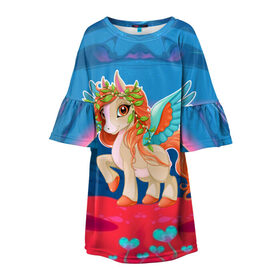 Детское платье 3D с принтом Милый единорог в Екатеринбурге, 100% полиэстер | прямой силуэт, чуть расширенный к низу. Круглая горловина, на рукавах — воланы | pony | грива | девочка | единорог | конь | копыта | красивая | лошадка | лошадь | милая | пони | природа закат | радуга