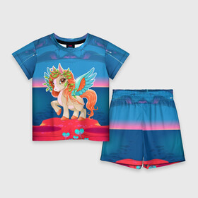 Детский костюм с шортами 3D с принтом Милый единорог в Екатеринбурге,  |  | pony | грива | девочка | единорог | конь | копыта | красивая | лошадка | лошадь | милая | пони | природа закат | радуга