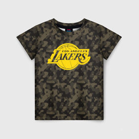 Детская футболка 3D с принтом Los Angeles Lakers Camo Gold в Екатеринбурге, 100% гипоаллергенный полиэфир | прямой крой, круглый вырез горловины, длина до линии бедер, чуть спущенное плечо, ткань немного тянется | 